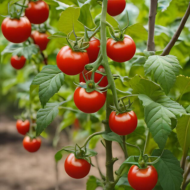 un bouquet de tomates cerises qui poussent sur une plante