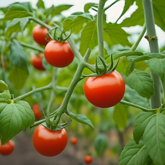 un bouquet de tomates cerises qui poussent sur une plante