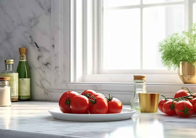 Bouquet de tomates cerises rouges et feuilles vertes sur fond de marbre blanc Espace de copie