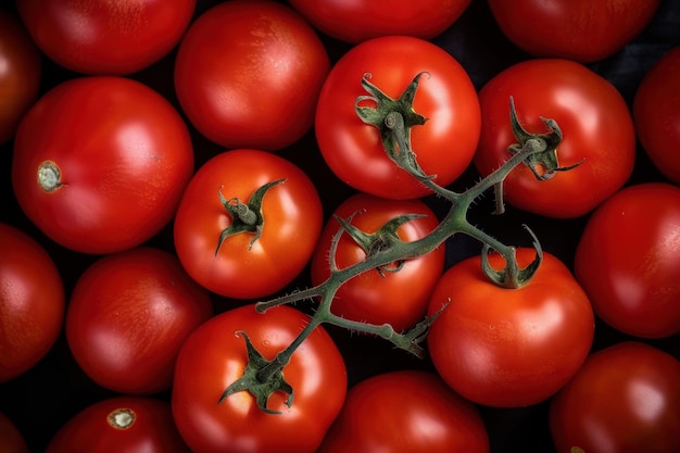 Un bouquet de tomates est sur une vigne avec la tige au milieu