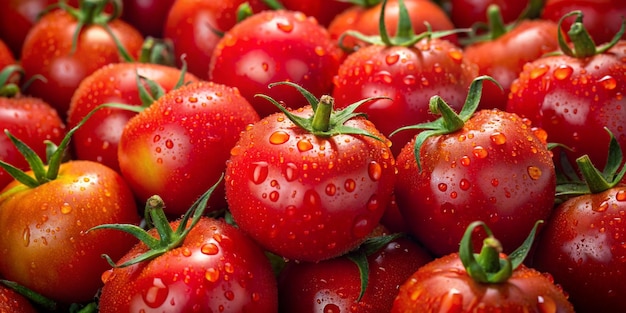 un bouquet de tomates rouges avec des gouttes d'eau dessus