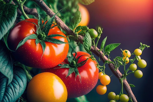 Un bouquet de tomates sur une vigne avec le soleil qui brille dessus.