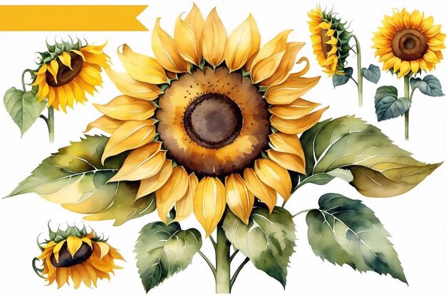 Bouquet de tournesols aquarelle avec feuilles vertes florales clipart illustration ensemble de fleurs naturelles