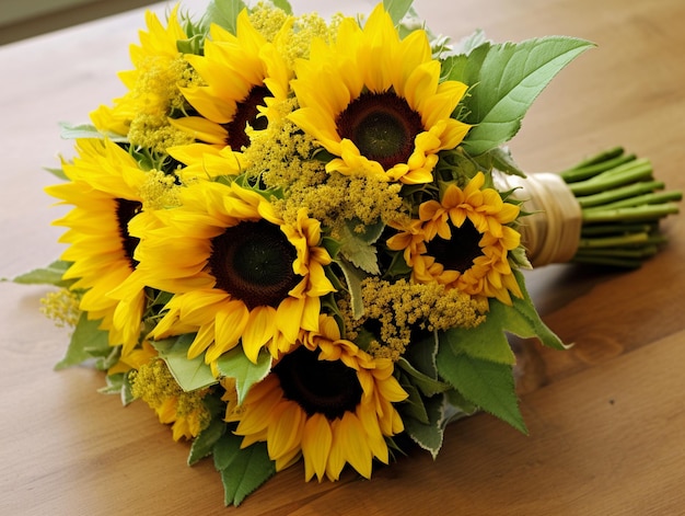 un bouquet de tournesols avec une bouteille de vin en arrière-plan.