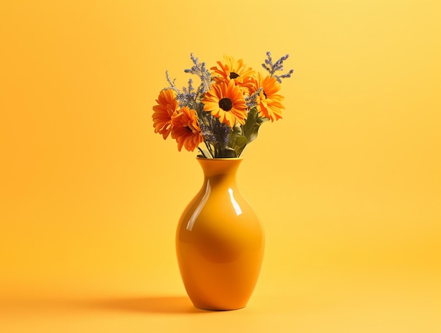 Bouquet de tournesols dans un vase jaune sur fond jaune Photo isolée générée par IA