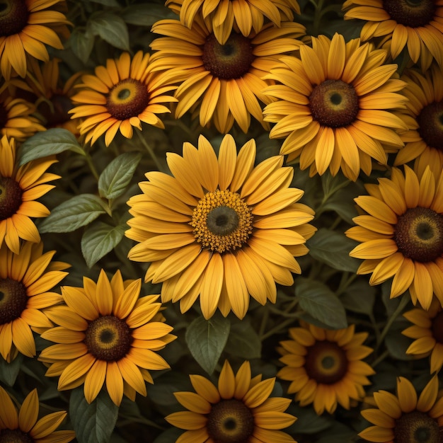 un bouquet de tournesols dont celui du milieu a un centre vert.