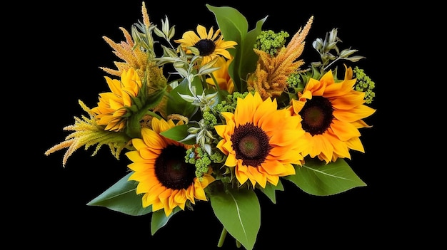 Bouquet de tournesols avec fleur sauvage isolé AI générative