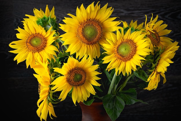 Bouquet de tournesols sur fond marron