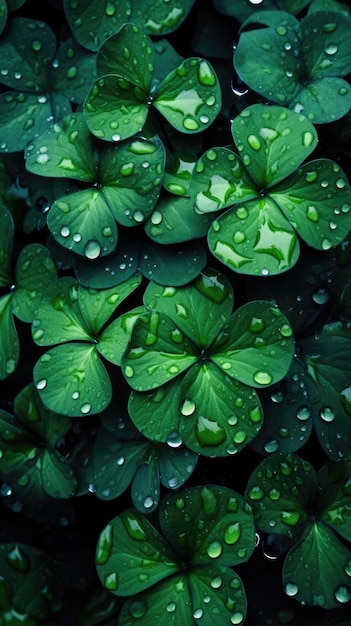 Un bouquet de trèfles verts avec les gouttes de pluie dessus