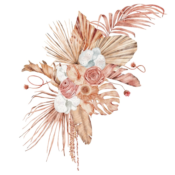 Photo bouquet tropical aquarelle avec feuilles de palmier séchées et fleurs illustration exotique peinte à la main