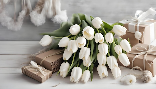 un bouquet de tulipes avec un arc blanc sur le dessus