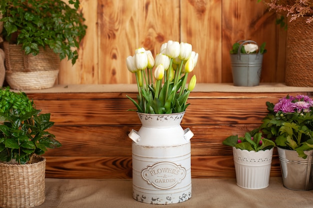 Bouquet de tulipes blanches dans un vase et des pots de plantes poussant sur une terrasse rustique