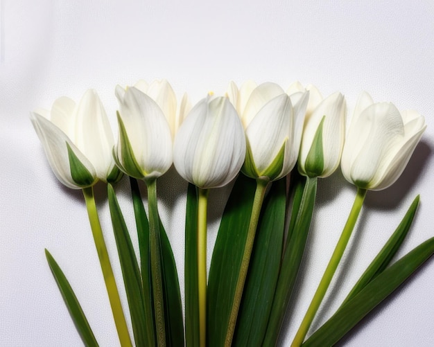 Un bouquet de tulipes blanches est disposé sur un fond blanc.