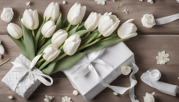 un bouquet de tulipes blanches avec un nœud blanc sur une table en bois