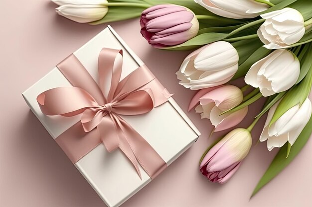 Bouquet de tulipes sur une boîte cadeau blanche sur fond rose pour la fête des mères