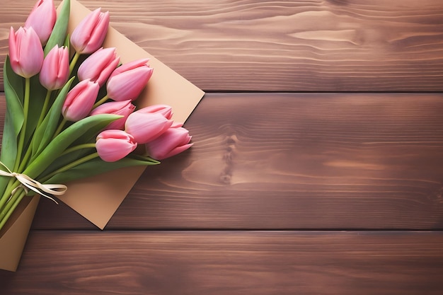 Bouquet de tulipes avec une carte vide sur une table en bois