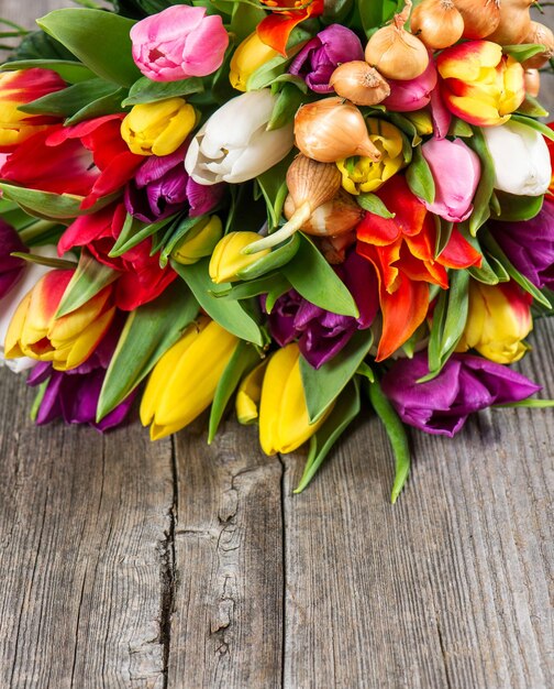 Bouquet de tulipes colorées fraîches sur fond de bois rustique. fleurs de printemps