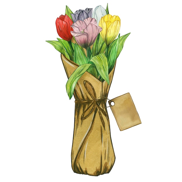 Un bouquet de tulipes dans un emballage artisanal Illustration aquarelle