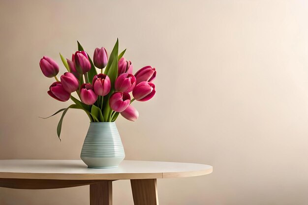 Photo bouquet de tulipes dans un vase sur un fond beige avec une sculpture en bloc de bois comme décor minimaliste