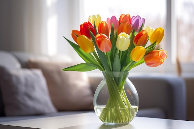 Bouquet de tulipes dans un vase sur la table dans la chambre