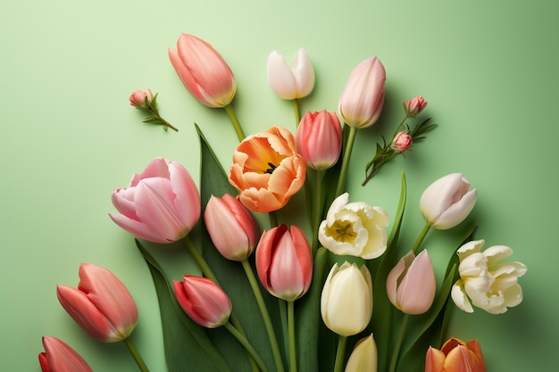 Un bouquet de tulipes sur fond vert