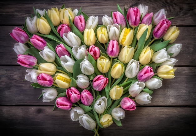 Un bouquet de tulipes en forme de cœur est composé de nombreuses couleurs différentes.