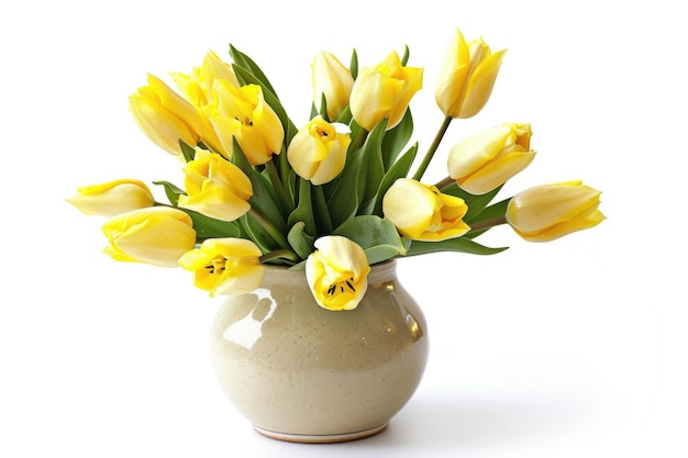 Bouquet de tulipes jaune vif dans un vase en céramique sur table sur un fond blanc