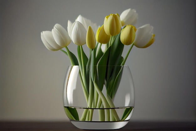 Bouquet de tulipes jaunes et blanches dans un vase sur le sol Un cadeau pour la journée de la femme à partir de tulipes jaunâtres et blanches Belles fleurs jaunes dans un mur de vase