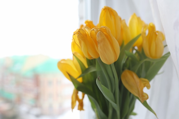 Un bouquet de tulipes jaunes dans un vase sur le rebord de la fenêtre. Un cadeau pour la journée d'une femme de fleurs de tulipes jaunes. Belles fleurs jaunes dans un vase près de la fenêtre.