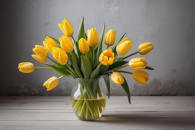 Un bouquet de tulipes jaunes dans un vase sur le sol un cadeau pour la journée de la femme de tulipes jaunâtres belles fleurs jaunes dans le vase par le mur