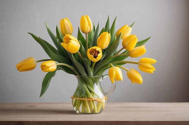 Un bouquet de tulipes jaunes dans un vase sur le sol un cadeau pour la journée de la femme de tulipes jaunâtres belles fleurs jaunes dans le vase par le mur