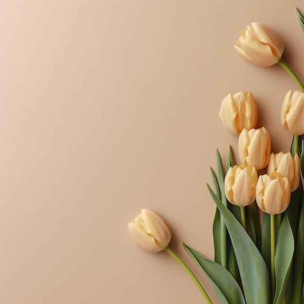 Un bouquet de tulipes jaunes avec des feuilles vertes sur fond rose.