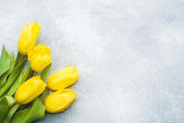 Bouquet de Tulipes jaunes sur fond bleu clair. Espace de copie