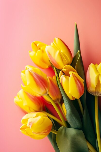 Bouquet de tulipes jaunes sur fond rose vue de dessus