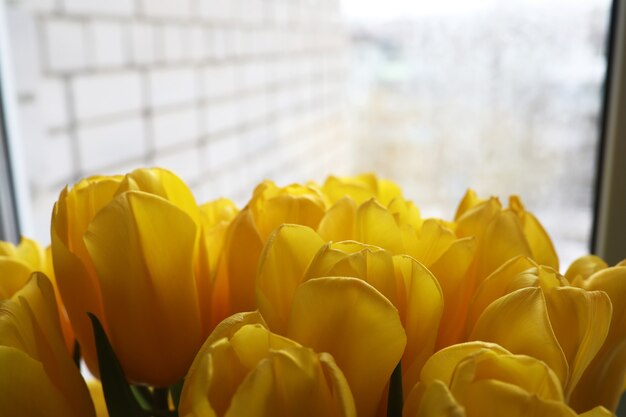 Un bouquet de tulipes jaunes fraîches dans un vase sur une table près de la fenêtre