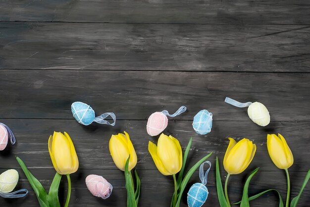 Bouquet de Tulipes jaunes et oeufs de Pâques colorés sur un bois