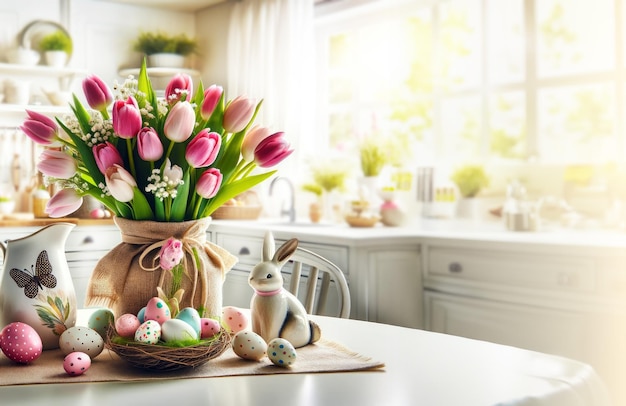 Un bouquet de tulipes, de lapins de Pâques et d'œufs sur la table dans une cuisine blanche de style scandinave