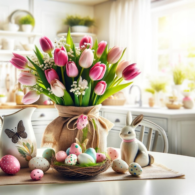 Un bouquet de tulipes, de lapins de Pâques et d'œufs sur la table dans une cuisine blanche de style scandinave