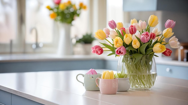 Bouquet de tulipes et d'œufs de Pâques sur la table