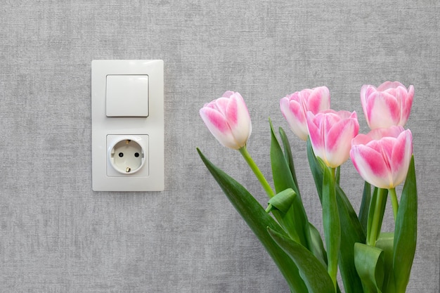 Un bouquet de tulipes près du mur avec un interrupteur électrique et une prise électrique