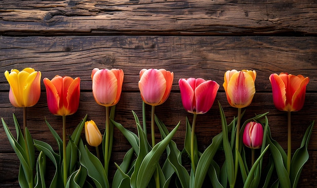 bouquet de tulipes de printemps sur fond de bois