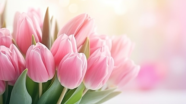 Bouquet de tulipes roses au fond du printemps bleu