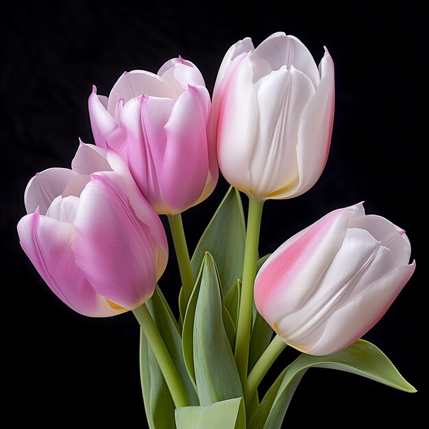 un bouquet de tulipes roses et blanches avec un fond noir