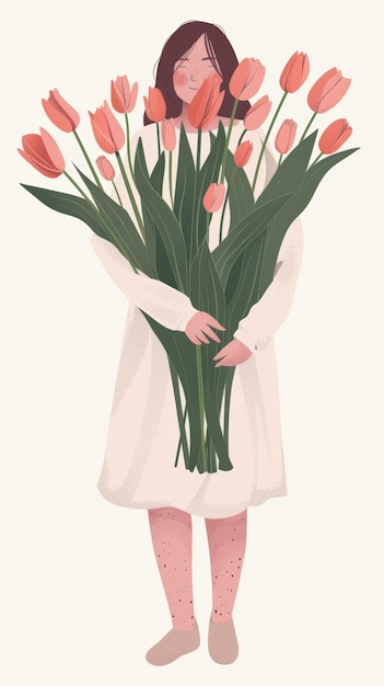 bouquet de tulipes roses dans les mains d'une fille vêtue d'une robe blanche