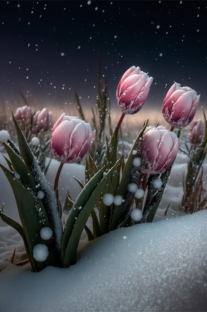Bouquet de tulipes roses dans la neige ai générative