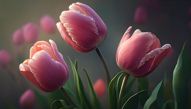 Un bouquet de tulipes roses est dans un vase avec le soleil qui brille dessus