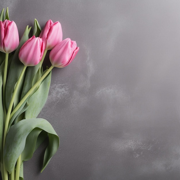 Un bouquet de tulipes roses est sur fond gris.