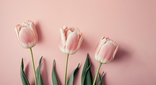 Bouquet de tulipes roses sur fond rose fête des mères saint valentin concept de célébration d'anniversaire carte de voeux espace de copie pour la vue de dessus de texte