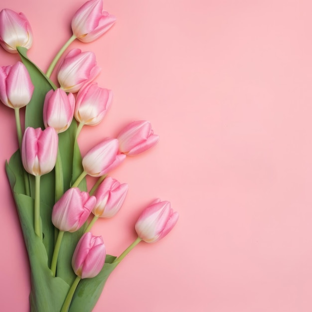 Un bouquet de tulipes roses sur fond rose avec le mot tulipes dessus.