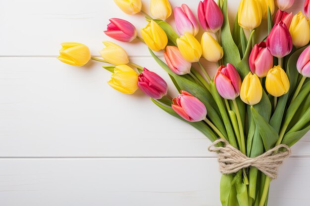 Un bouquet de tulipes roses et jaunes sur fond blanc.